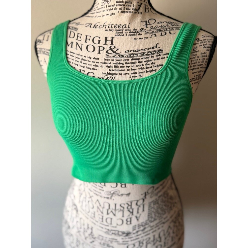Women's Green Ribbed Knit Square Neck Crop Top Tank/Bra